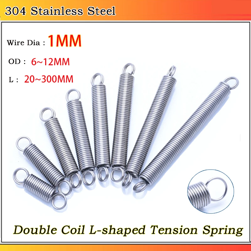 304 Stainless Steel O Ring Hook Extension Spring Tension Spring Double Coil L-shaped Spring Wire Dia 1MM OD 6~12MM L: 20~300MM