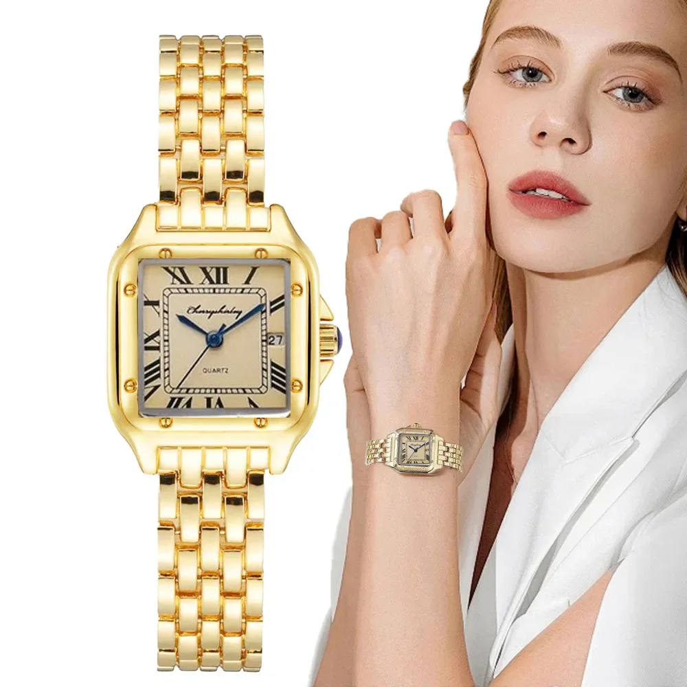 

2024 Luxury Ladies Square Quartz Watches Women's Fashion Gold Alloy Strap Wristwatches Qualities Female Roman Scale Date Clock