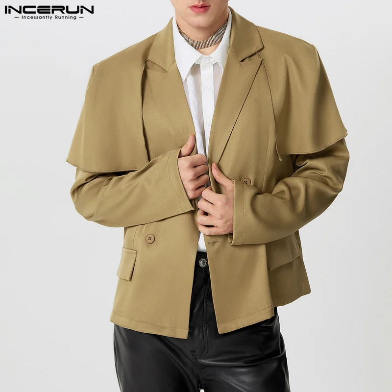 INCERUN Men Blazer Solid Color Lapel Long Sleeve Double Breasted Casual Suits Men Streetwear 2024 Fashion Male Thin Coats S-5XL