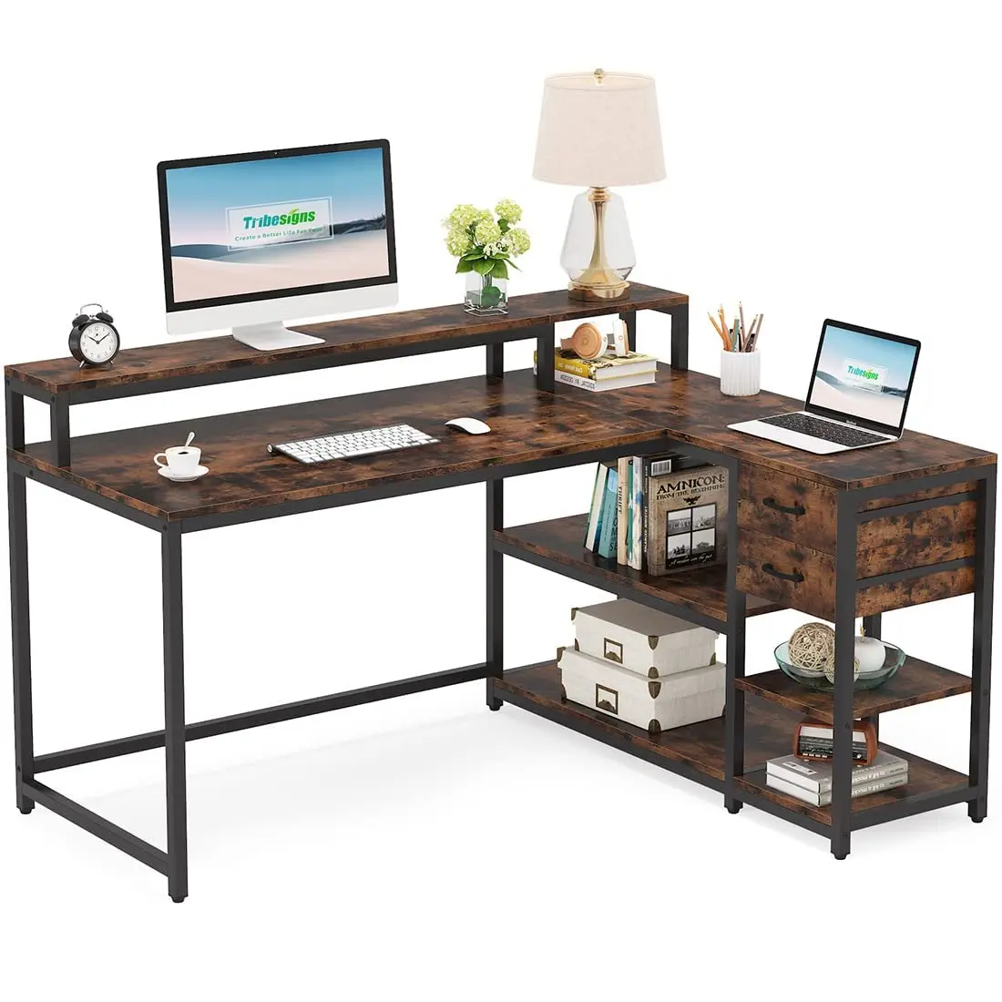 

Tribesigns Reversible L Shaped Desk with Drawer, Industrial Corner Desk Home Office Table with Shelves and Monitor Stand