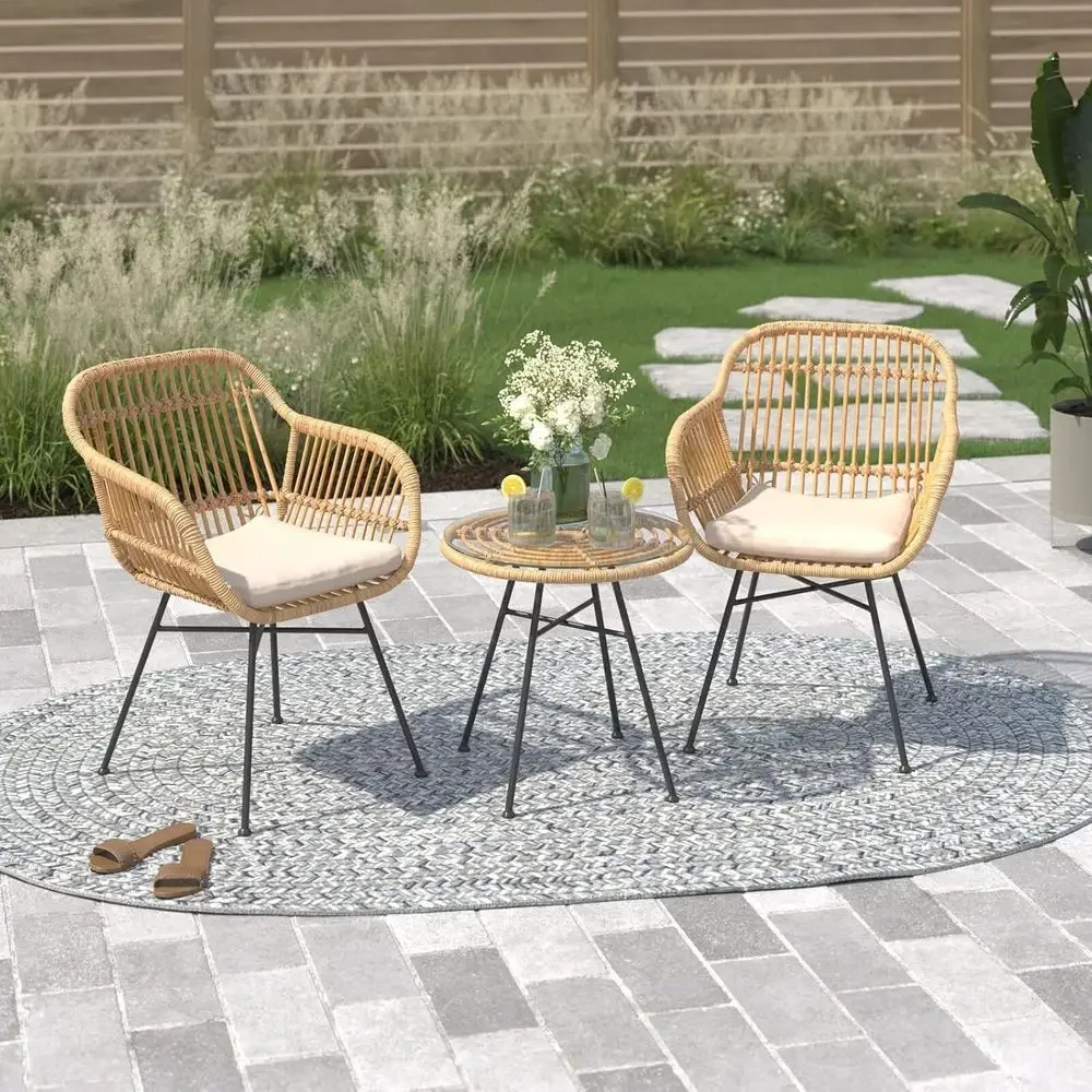 3-Piece Outdoor Bistro Set with Wicker Chairs and Glass Table, Beige Cushions