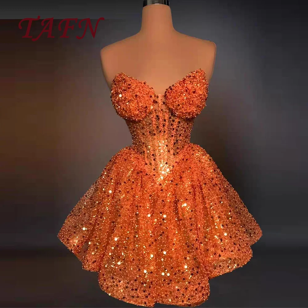 

TAFN Sexy Sequines Orange Short Party Prom Dresses Sweetheart Neck Puffy Mini Cocktail Dress Evening Gown Customized Lace-up