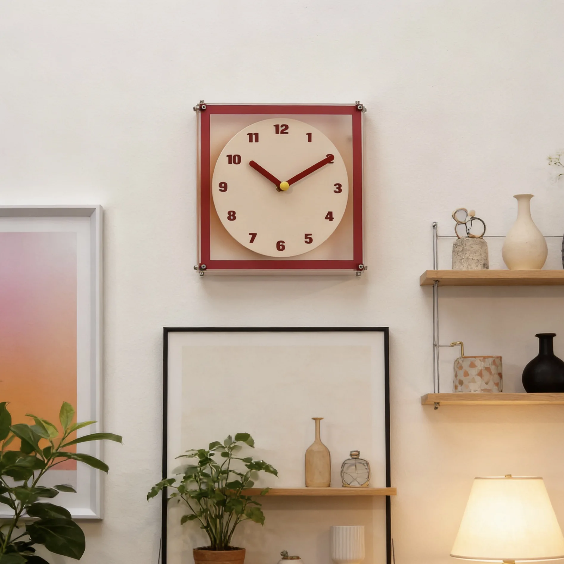 Red square modern style wall-mounted digital clock for decorating the living room on the wall