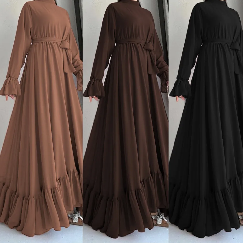 

Elegant Muslim Women's Chiffon Dress - Long Sleeve Belted Maxi Dress for Eid, Ramadan, Wedding Guest and Special Occasions