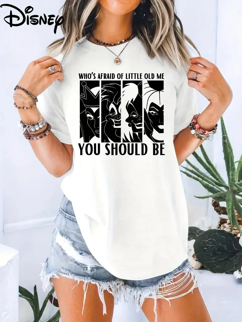 

2025 Женская повседневная удобная уникальная черная футболка с круглым вырезом и короткими рукавами с принтом Disney с уникальным улыбающимся лицом