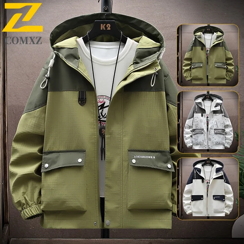 

COMXZ Men Trendy Jacket Quick Dry Windproof Lightweight Hunting Hiking Travel Hooded Casual Coat Techwear Handsome Outerwear
