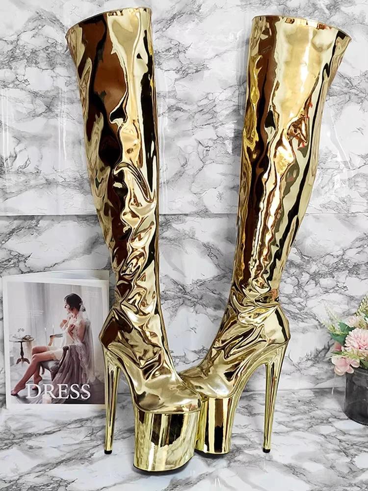 2025 novelty Exotic knee boots sexy fetish  20cm club pole dance 8 inches large size stripper boots Golden pink leopard print