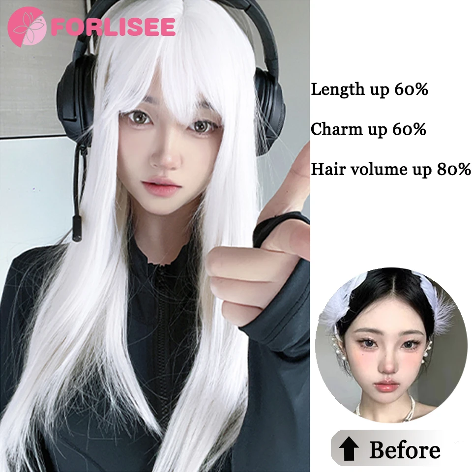 FORLISEE White Wig Women\'s Long Hair Full Head Cover Lolita Japanese Cos Air Bang Long Straight Hair Wig Cover