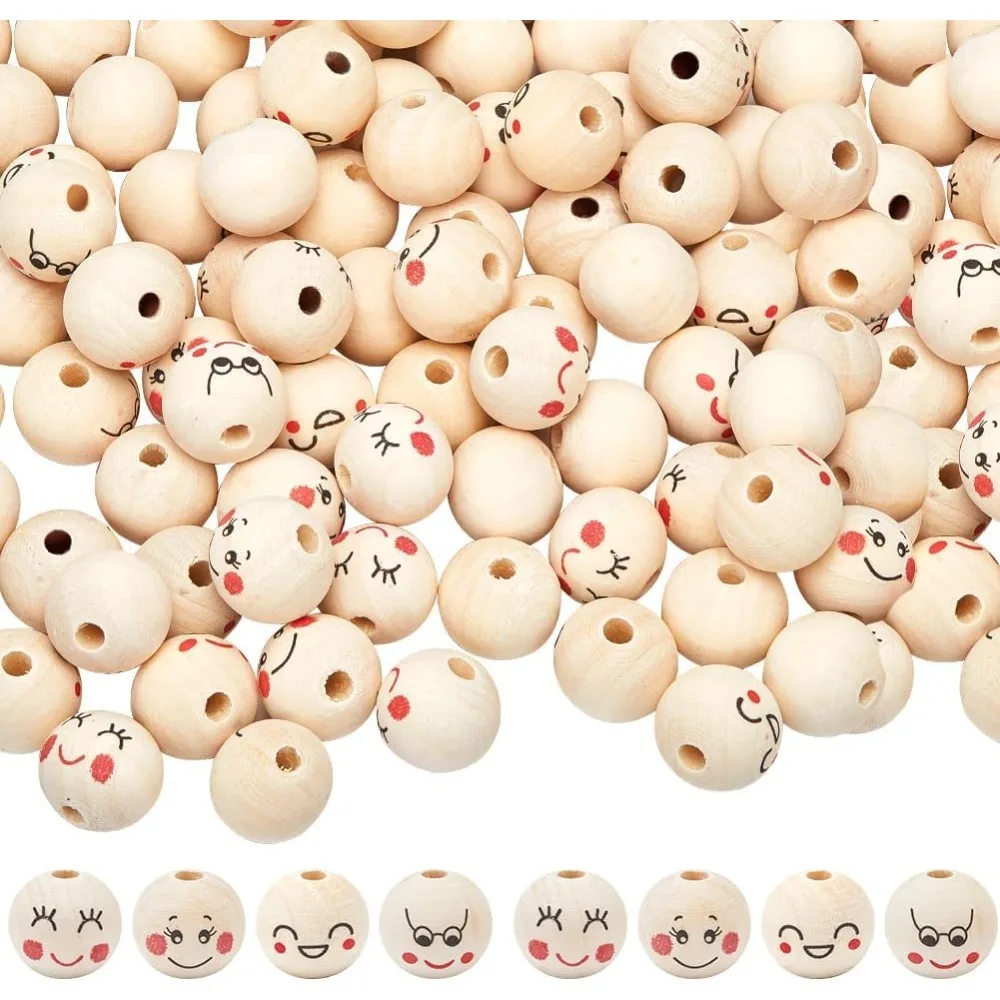 

100 шт., 4 стиля, деревянные бусины с большим лицом, 20 мм, деревянные круглые шариковые бусины-разделители, милый набор для изготовления головы куклы с принтом