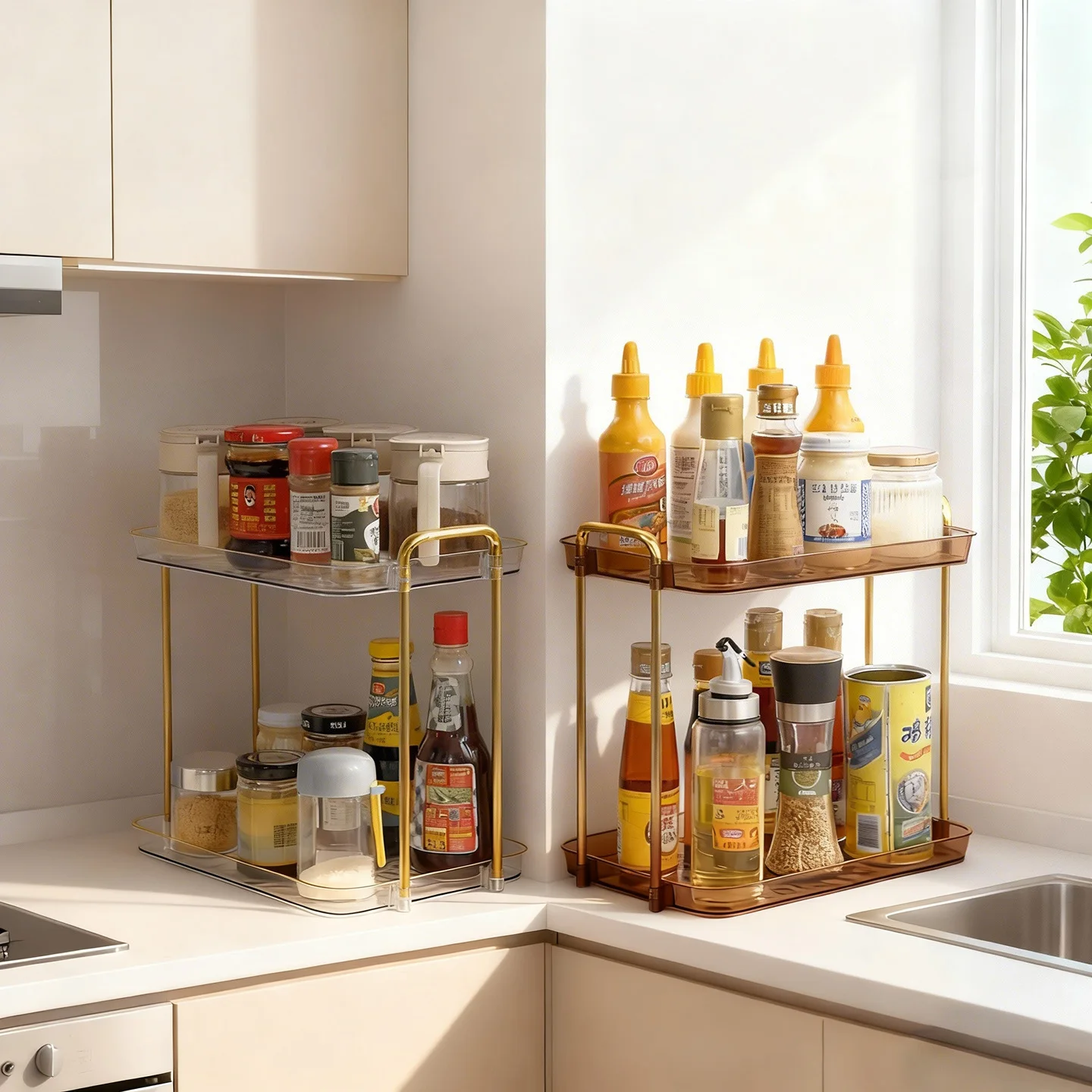 WORTHBUY 2/3 Layer Multifunctional Seasoning Jar Storage Rack Space Saving Countertop Plastic Spice Racks Kitchen Organizer  ﻿