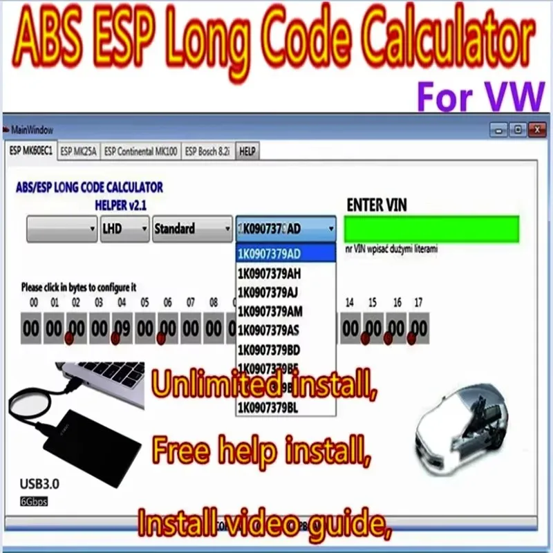 2024 ABS ESP Long Code Calculator for Bosch ESP units Changes to Adaptations and Codes VAG VCDS VIN number Suports over 20 Cars