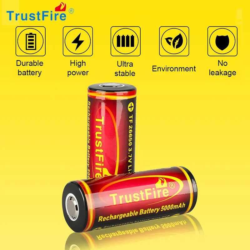 TrustFire 26650 5000mAh High Capacity 3.7V Lithium Battery 65MM NO PCB For Flashlight Power Bank Li-ion Rechargeable Batteries