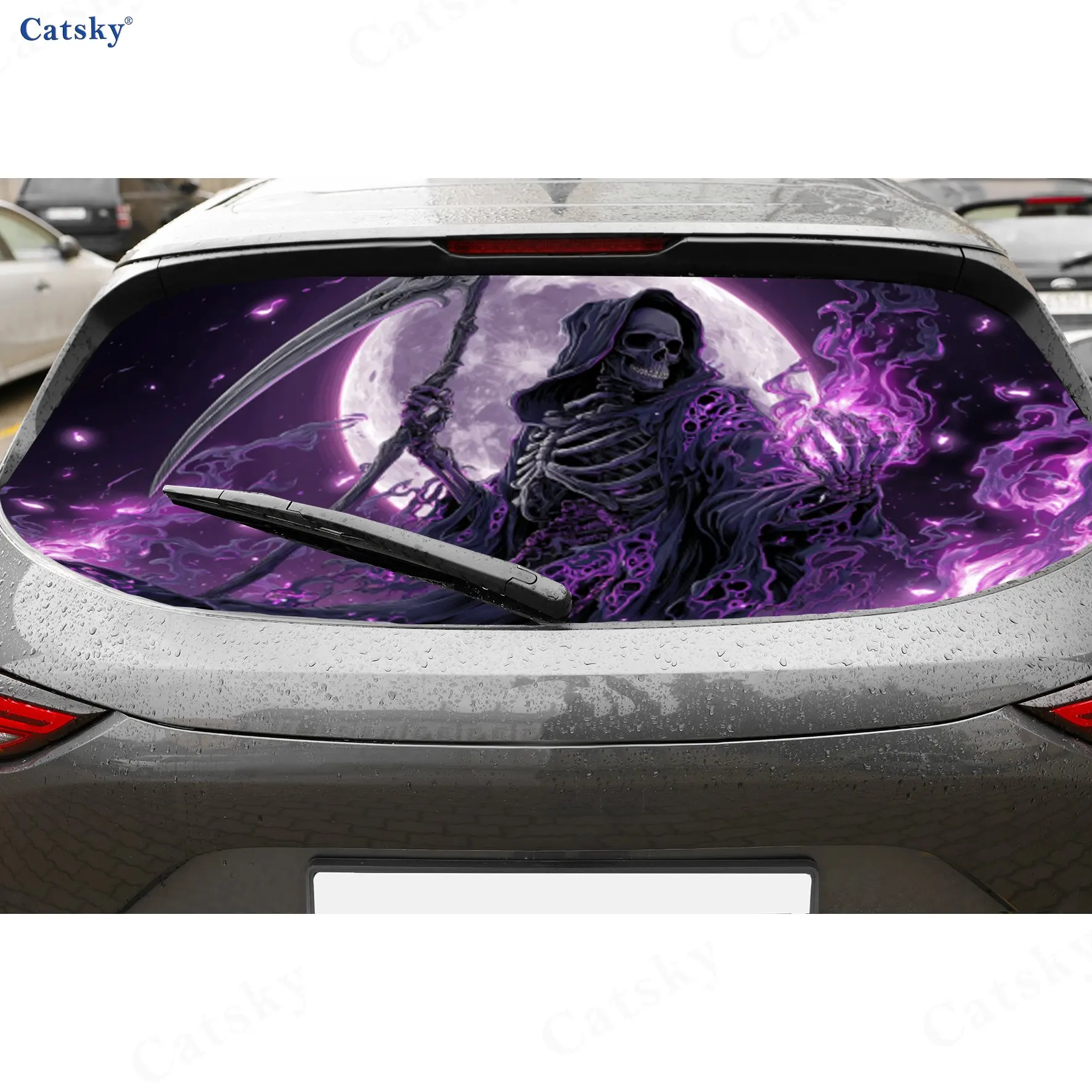 

Starry Sky Scythe Skeleton PVC Perforated Car Vinyl Wraps, Durable Car Rear Windshield Sticker, Waterproof Car Rear Window Decal