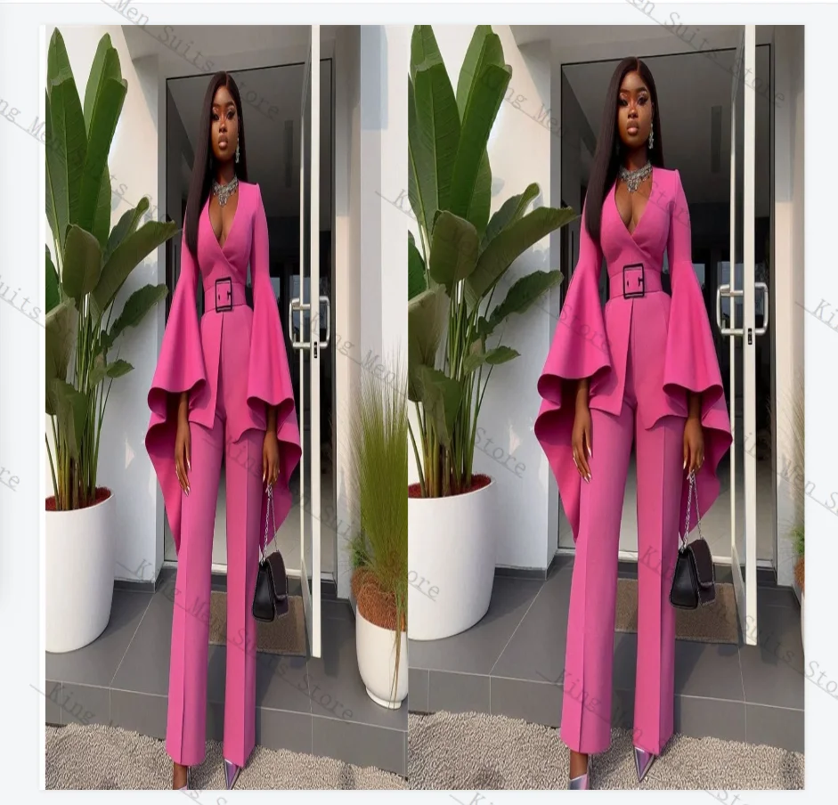 Conjunto de trajes rosas para mujer, chaqueta de 2 piezas + Pantalones con cinturón y mangas acampanadas, chaqueta Formal personalizada para oficina, abrigo de esmoquin de boda de algodón