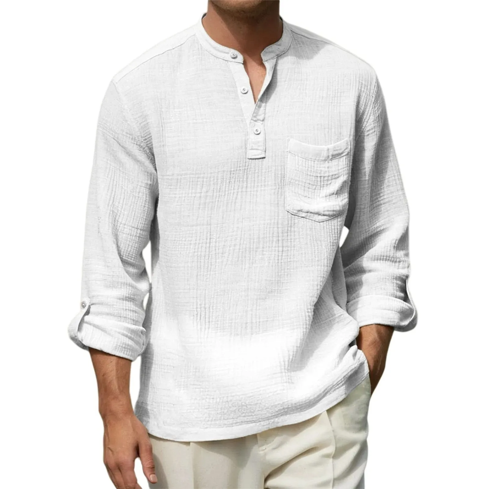 2026 Spring Summer Men's Cotton Linen Long Sleeve Shirts Casual Henry Collar Solid Breathable Loose Beach Shirt Man Pull On Tops