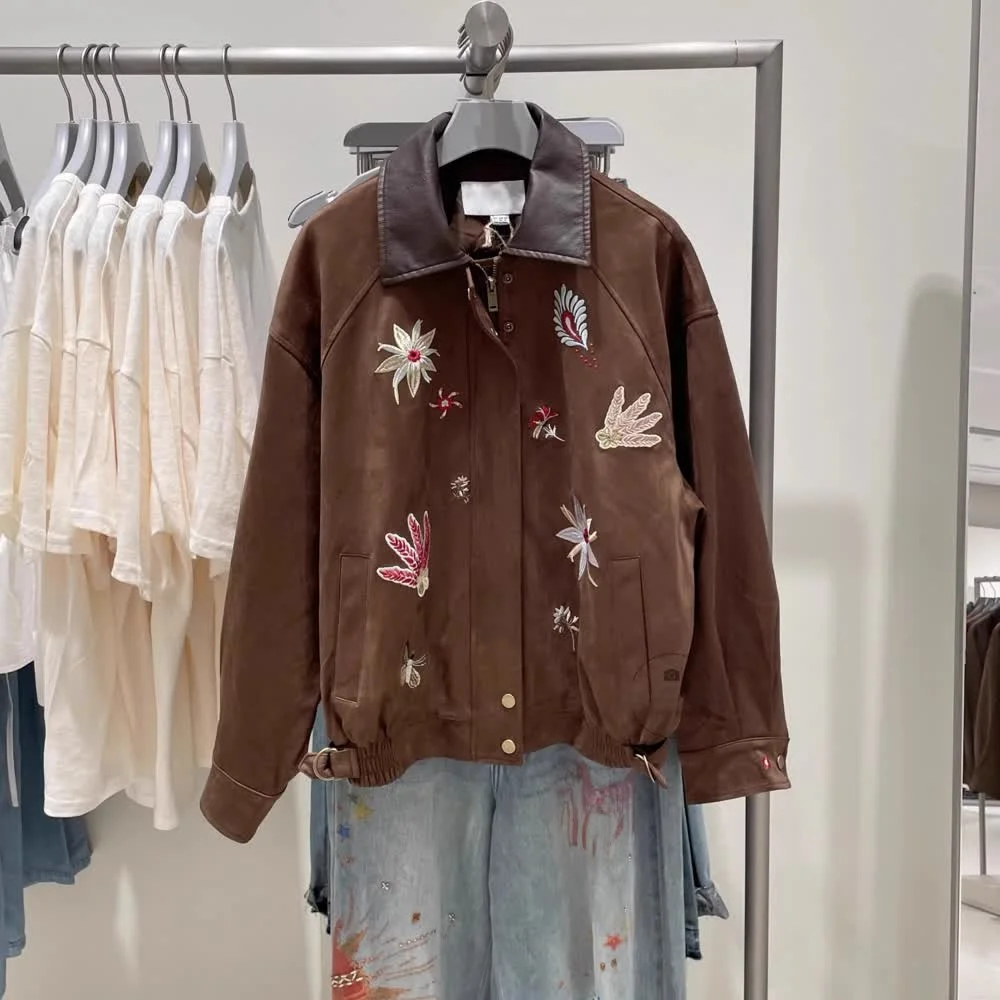 

Men's Autumn Winter Large Size 35kg Retro Heavyweight Suede Embroidered Jaet PU Leather Collar up Outerwear Casual irt