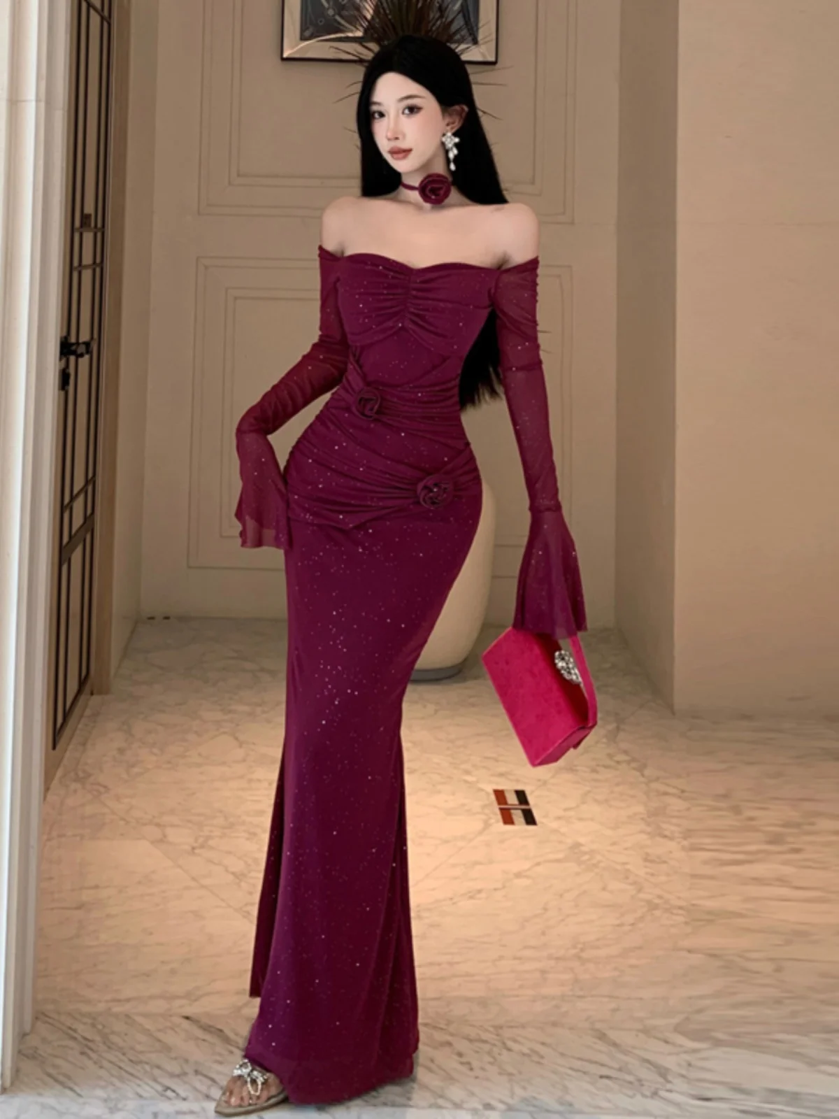 Rok Fishtail Berlapis Bunga 3D Jaring Kelas Atas Antik Perancis Rok Panjang Pesta Ramping Bahu Terbuka Seksi Musim Semi Musim Panas Wanita