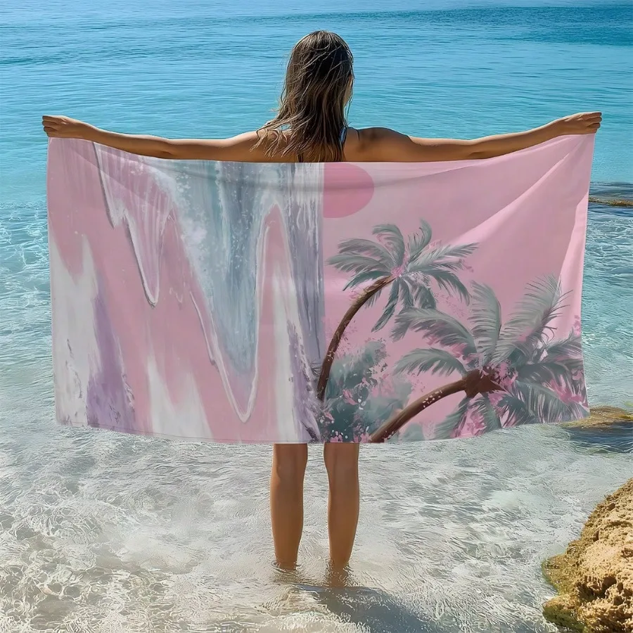 

1 Pink Sunset Palm Tree Beach Print Beach Towel, Fast Drying Ultra Soft Fiber Beach Towel, Sun Protection Shawl Blanket
