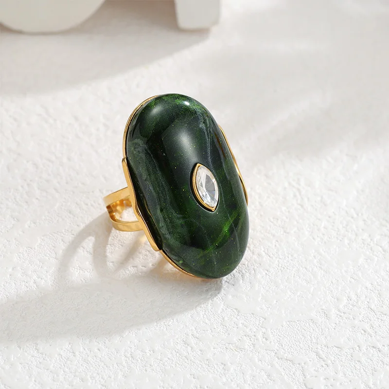Letdiffery Irregular Vintage Swirl Resin Ring Stainless Steel Geometric Adjustable Open Band Crystal Large Colorful Ring Jewelry