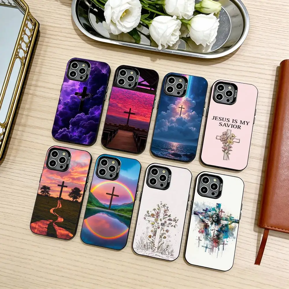 

Christian B-Bible Art Cross Phone Case For iPhone17,16,15,14,13,12,11 Plus,Pro Max Black Candy silver phone case