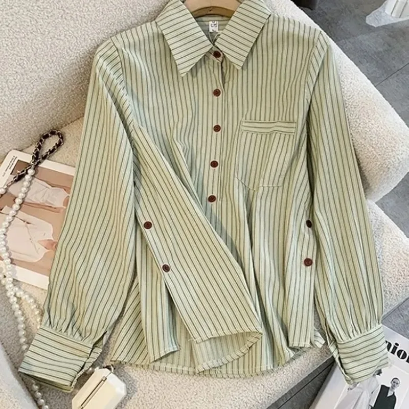 Women's Light Green Striped Shirt Casual Button Down Collar Blouse with Chest Pocket