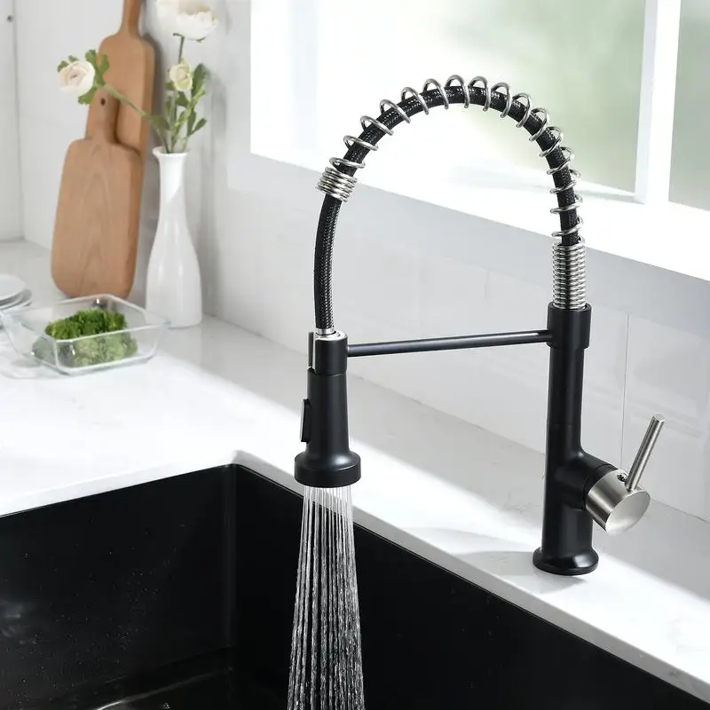 

Commercial Black & Nickel Kitchen Faucet with Pull-Down Sprayer, Single Handle & Lever, Modern Design for Kitchen Sink Use