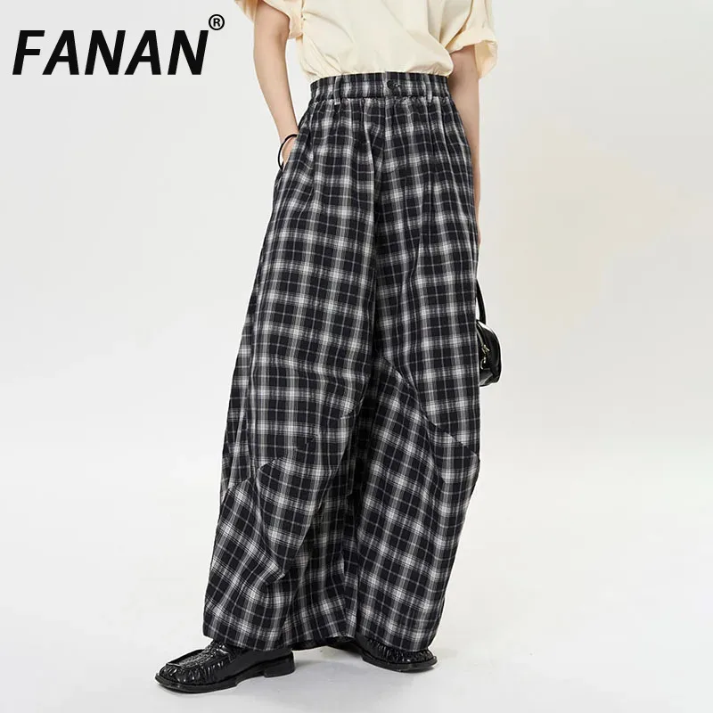 FANAN Vintage Plaid Kontrast Farbe Breite Bein Hosen Für Frauen Elastische Hohe Taille Beiläufige Lose Hosen Mode 2025, Herbst Neue