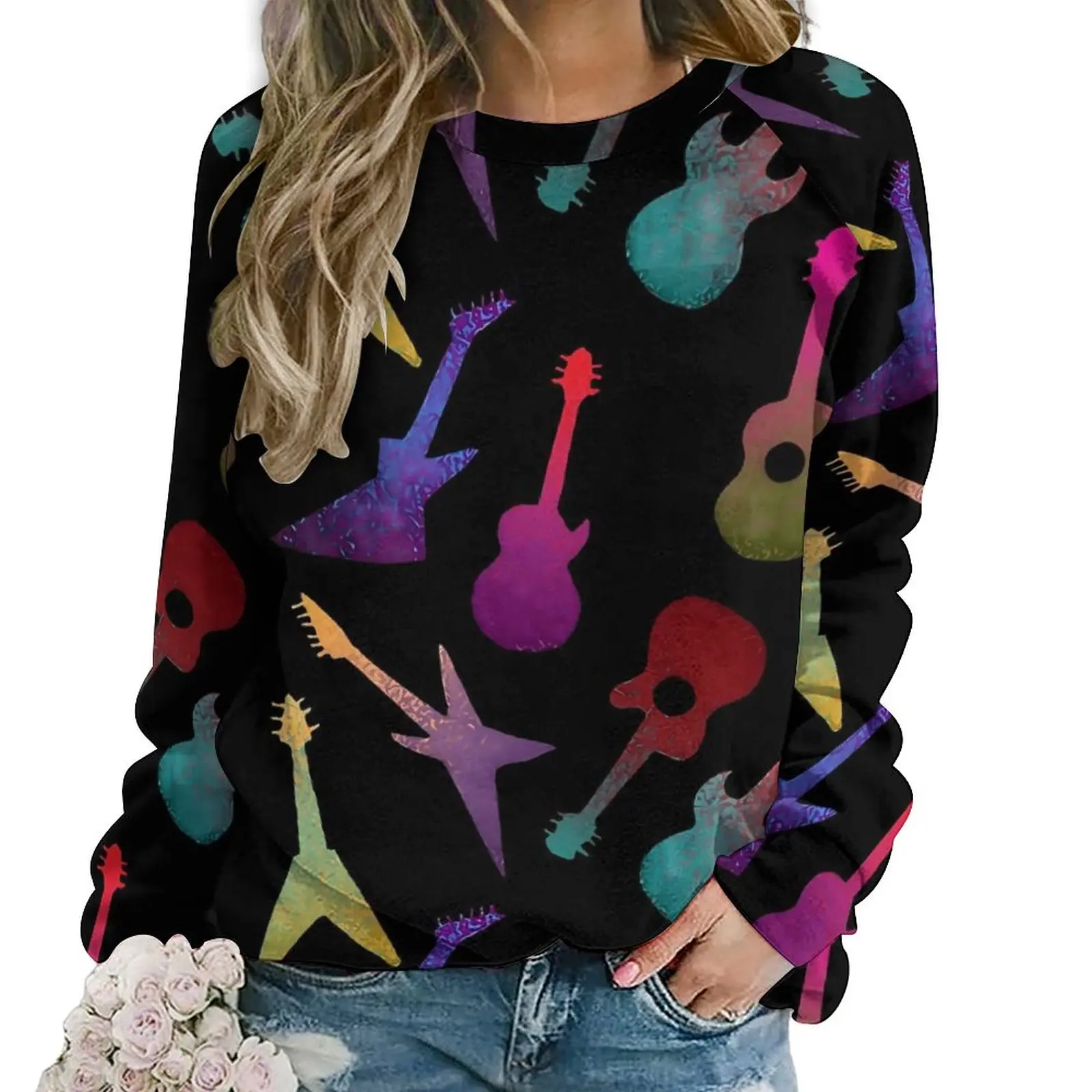 Music Notes Hoodies Guitars Print Harajuku Oversize Hoodie Female Long Sleeve Pretty Graphic Casual Clothes