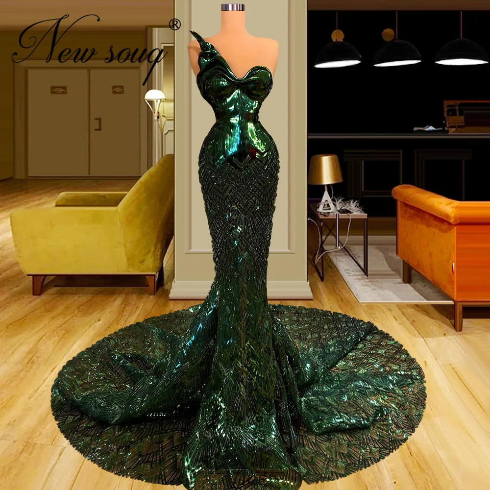 Sparkly Green Pailletten Avondjurken Aangepaste Arabische Dubai Lange Trein Mermaid Celebrity Prom Dress 2022 Luxe Party Jurken