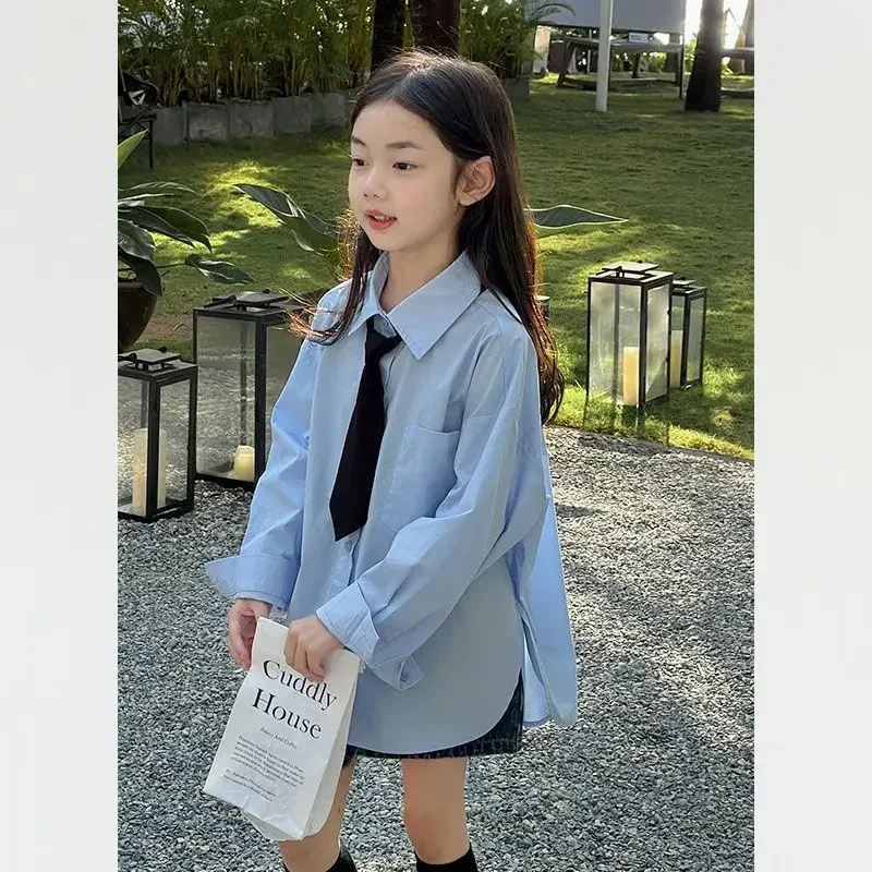 

Girls Shirts Kids Clothes Korean 2024 New Fashion Spring Versatile Loose Casual Thin Solid Blouses Turn-down Collar Button