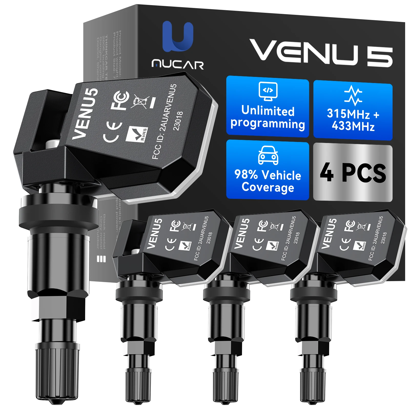 MUCAR VENU 5 Bandenprogrammeringsdrukmonitor-tester sensor 433 315MHz TPMS sensor 2-in-1 bandenreparatiegereedschap scanner 4 stuks metaal