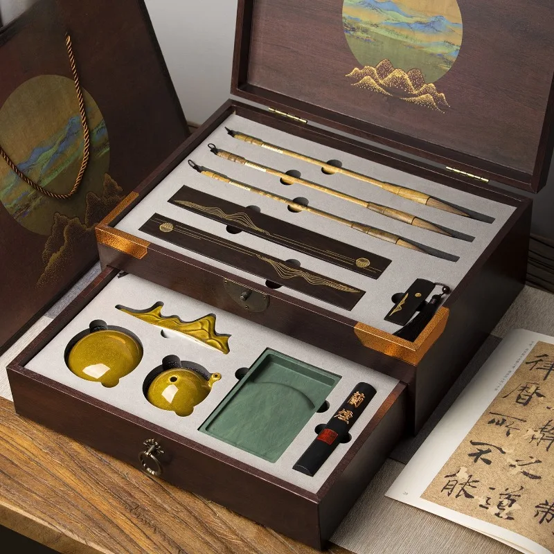 Premium Wolf Hair Chinese Calligraphy Set, Four Treasures Of The Study Kit with Paperweight & Drawer Storage Case