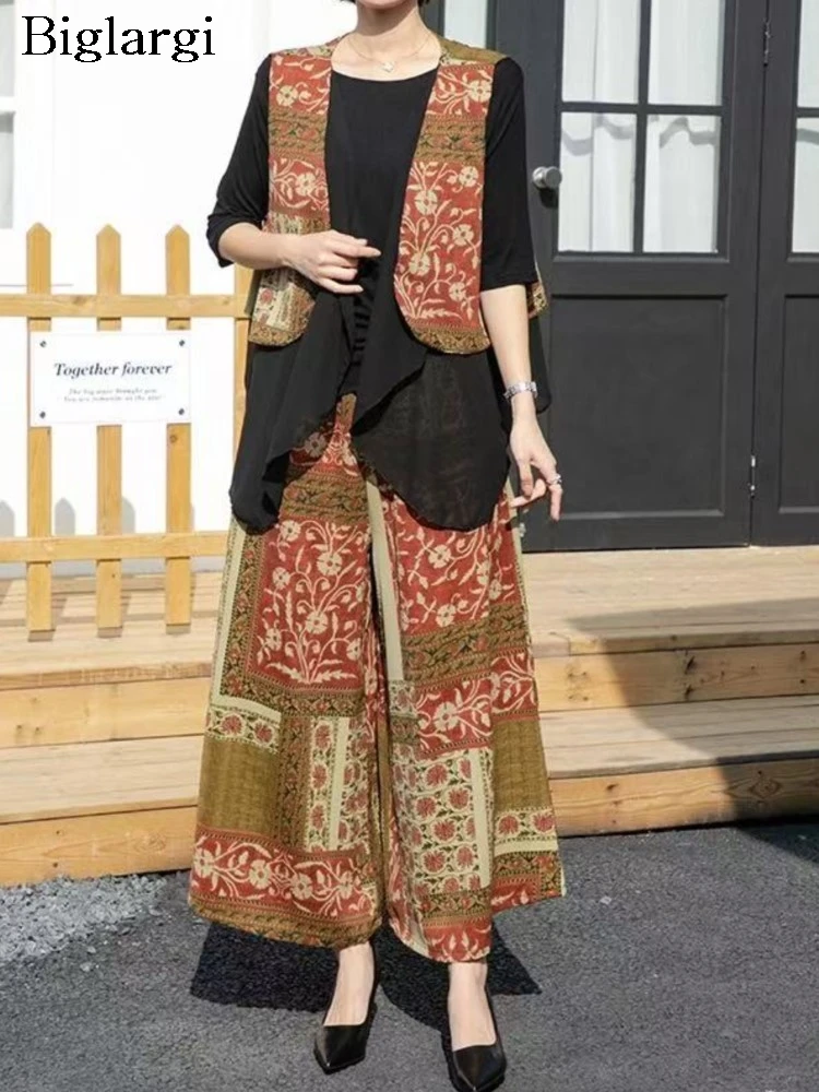 

Oversized Summer T Shirt Three 3 Piece Set Women Fashion Flower Print Vest Ladies Suit Casual Loose Wide Leg Pants Woman Sets