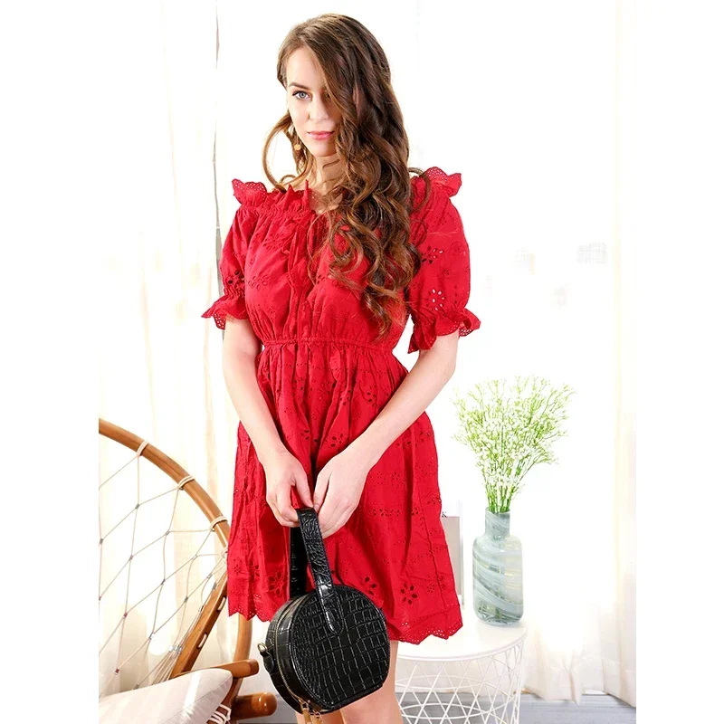 MISHOW Vintage Dresses Women Summer Fashion Puff Short Sleeve Mini Red Hollow Out Casual Beach Vacation Dress Female MX18B1240