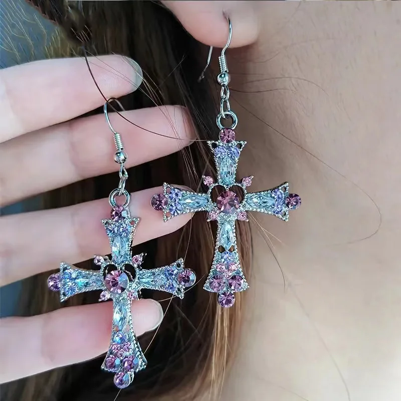 Bohemian Colorful Rhinestone Cross Pendant Earrings For Women Shiny Pink Crystal Cross Dangle Earrings Party Jewlry Girls Gifts