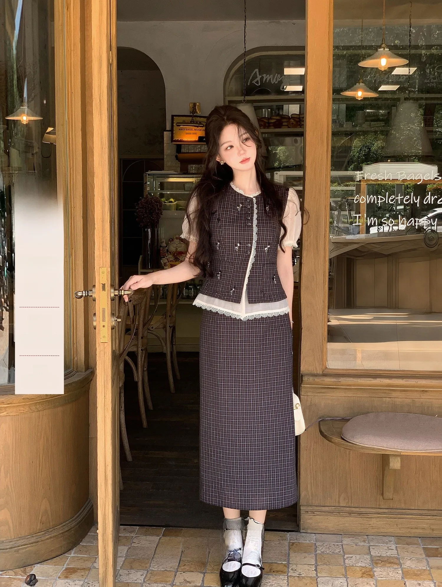 

Комплект из двух предметов: топ и юбка Roro eep Amber Hazelnut Small Fraance Sle с вышивкой в клетку, повседневный, хлопковый, летний, модный