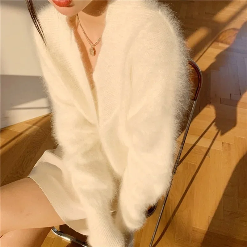 Luxury Mink Cashmere Sweaters Y2k Women V Neck Pullovers Sweet Elegant Winter Mohair Knitted Thick Soft Loose Sweaters White Red