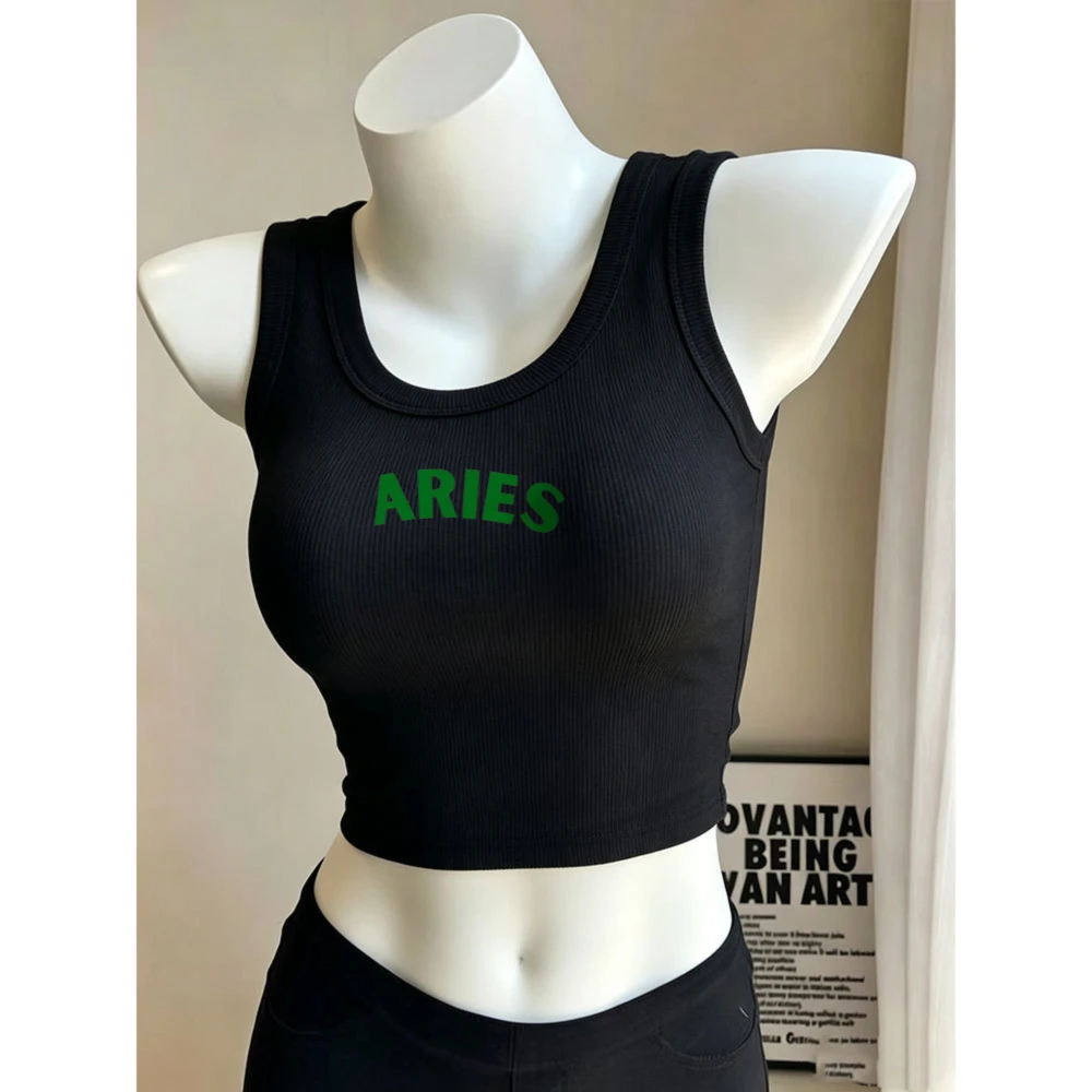 Aries Bold Green Letter Text Camisole Ribbed Tank Top Crop Y2k Top Ladies U Neck Sleeveless Bodycon Cropped Vest Minimalist Tees