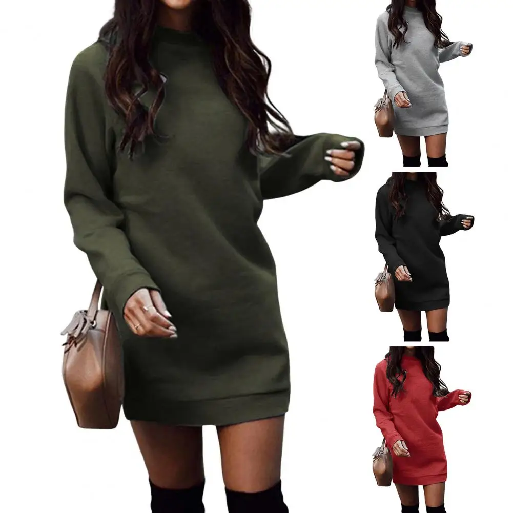 Fall Winter Dress Thickened Plush Loose Round Neck Stretchy Hem Cuff Pullover Above Knee Length Daily Wear Mini Dress 캐주얼