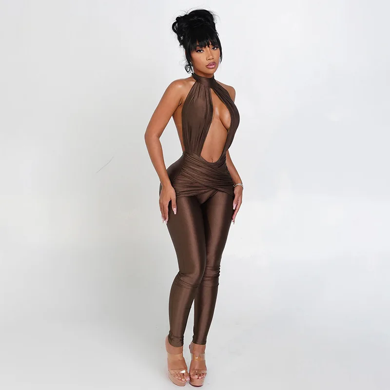 

Cross Ruched Backless Backless Halter Skinny Jumpsuits Women Sexy Hollow Out Sleeveless Peach Hips Slim Night Club Overalls