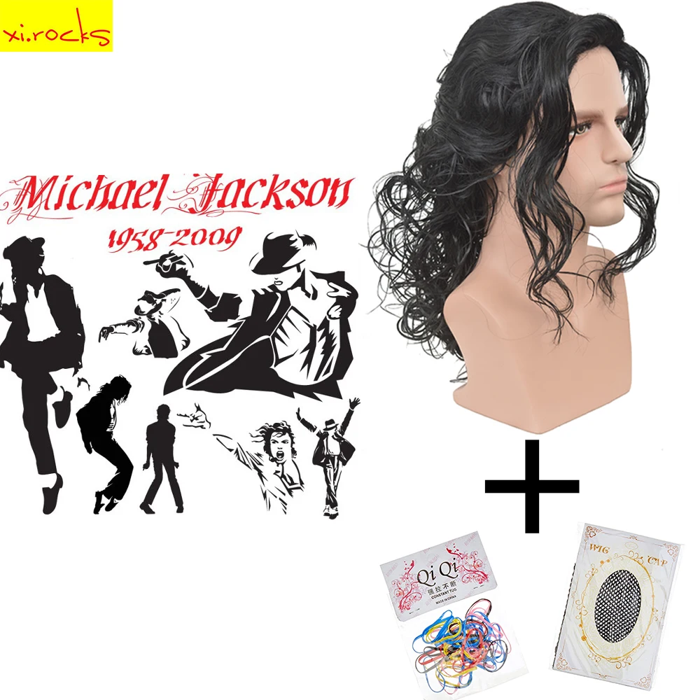 Xi-Rocks AD3499 Michael Jackson Cosplay Black Wig Michael Role Play Medium Long Curly  Hair  Halloween Cos Wigs