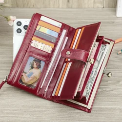 CONTACT'S Genuine Leather Long Clutch Wallets for Women Kiss Lock Metal Frame Bag Card Holder Coin Purse Money Clip Phone Pocket