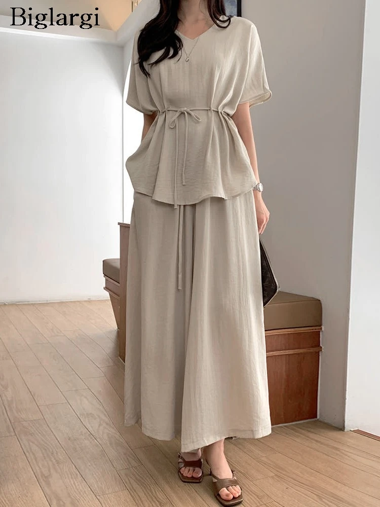 

Summer 2 Two Piece Set Women Elegant Ruffle Fashion Ladies Blouses Loose Pleated Woman Wide Leg Elastic High Waist Pant
