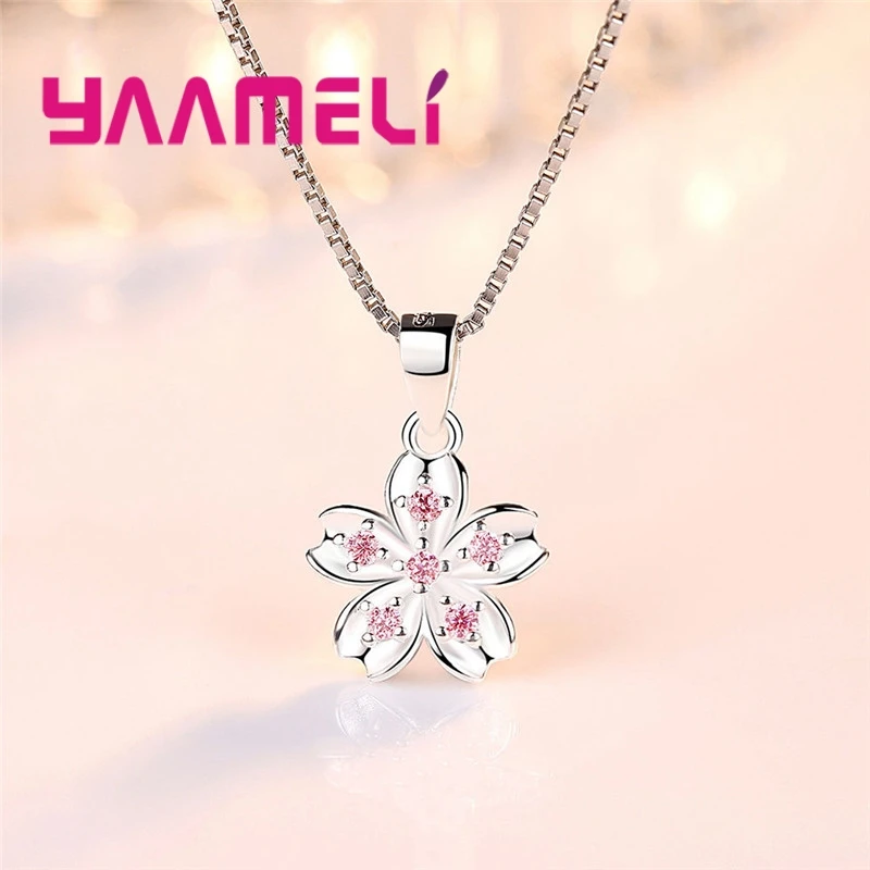 Lovely 925 Sterling Silver Jewelry Kawaii Sakura Flowers Pink Cubic Zirconia Charming Pendant Necklace with Chains