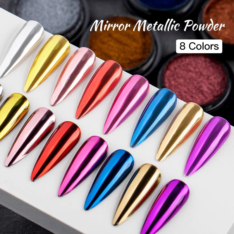 8 Cores Metálico Chrome Nail Powder Magic Mirror Gold Silver Decor Rubbing Glitter Pigmento Flocos Manicure Nail Accessories