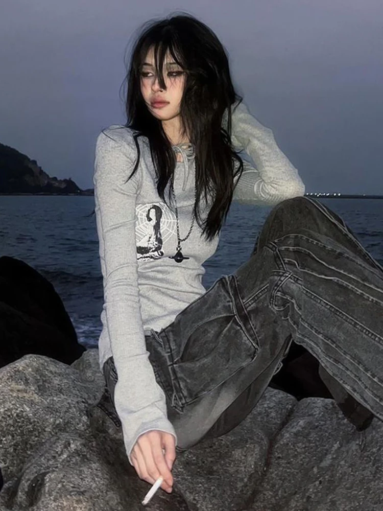Y2k Vintage T Shirt Women Flare Sleeve Print Graphic Tops Streetwear Lace Up Tee Tops American Retro Tshirts E-girls