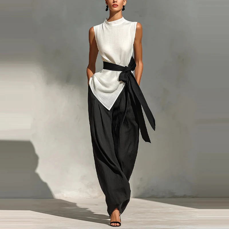 

Элегантные комплекты из двух предметов: топы без рукавов с круглым вырезом и шнуровкой, а также брюки. Новинка лета для женщин, для повседневной носки.