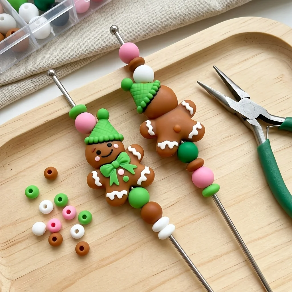 5Pcs 3D Christmas Cartoon Silicone Focus Beads,Brown Green White,with Party Hat&Bow,for DIY Bracelet Necklace Beaded Pen