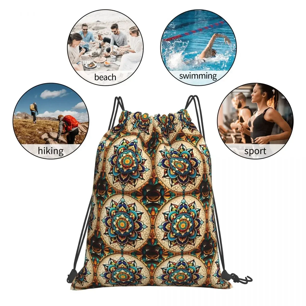 Mochilas Padrão Mandala Portátil, Sacos De Cerâmica De Azulejo, Pacote De Cordão, Saco De Sapatos De Bolso, Bookbag para Viagem, Escola