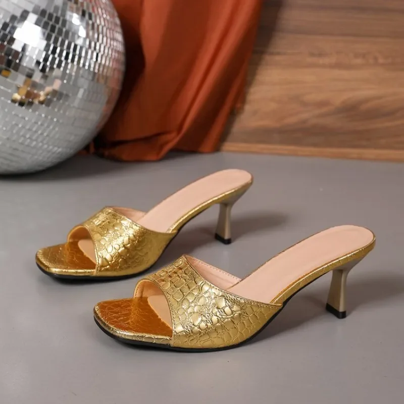 

Women Slippers Fashion Square Toe Design High-heeled Sandals Summer Open Toed High-heeled Slippers Women Thin Heeled Party Pumps